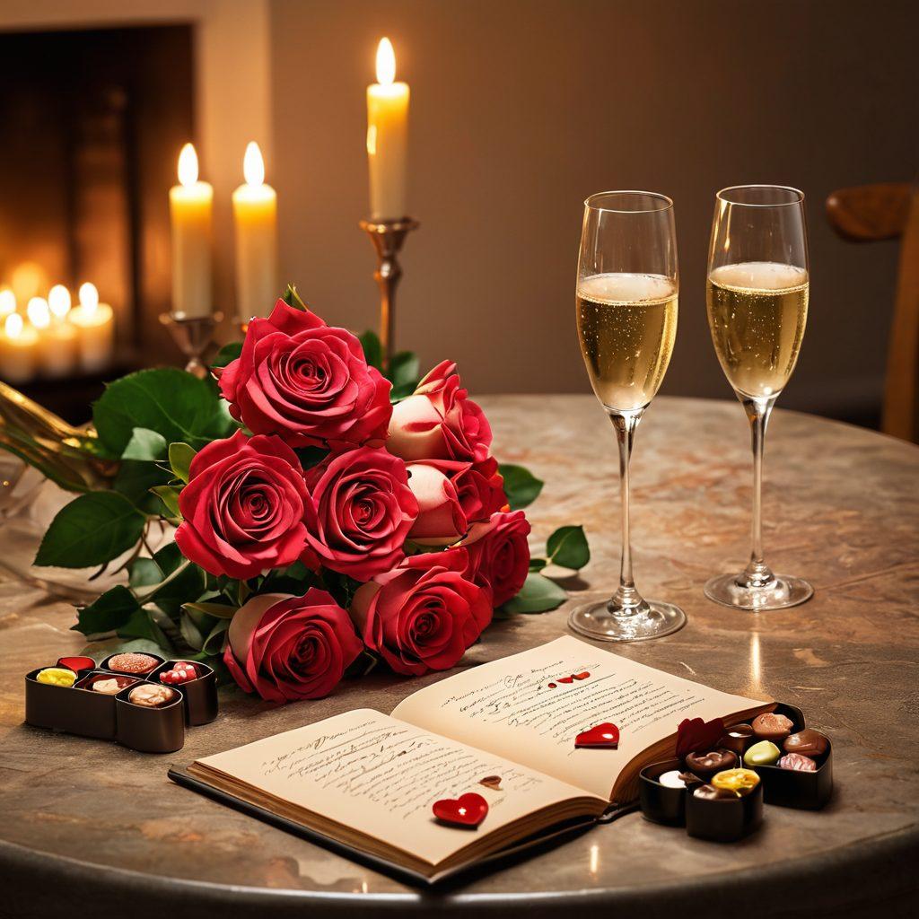 A cozy candlelit dinner setting for two, featuring a table adorned with roses and heart-shaped chocolates. Include a handwritten love note beside sparkling champagne glasses, conveying deep intimacy. The background should have a soft, warm glow, enhancing the romantic atmosphere. super-realistic. vibrant colors.