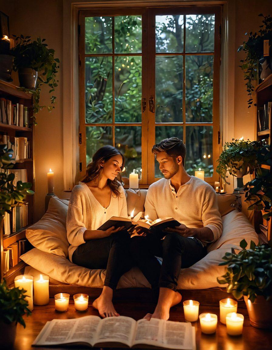 A couple sitting together in a cozy, warmly lit room, surrounded by glowing candles and soft pillows, sharing a tender moment with their hands intertwined. Lush greenery peeks through a window, symbolizing growth and intimacy. Opened books on a table are scattered around, suggesting a journey of learning and connection. Subtle heart motifs in the background emphasize love and partnership. romantic, super-realistic, warm colors, soft lighting.